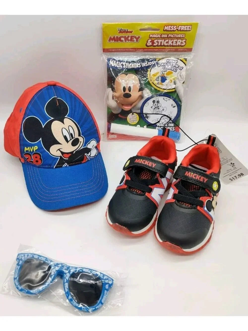 Disney Mickey Mouse  Shoes Light Up Sneakers Boys Size 7 Hat Fun Glasses Book
